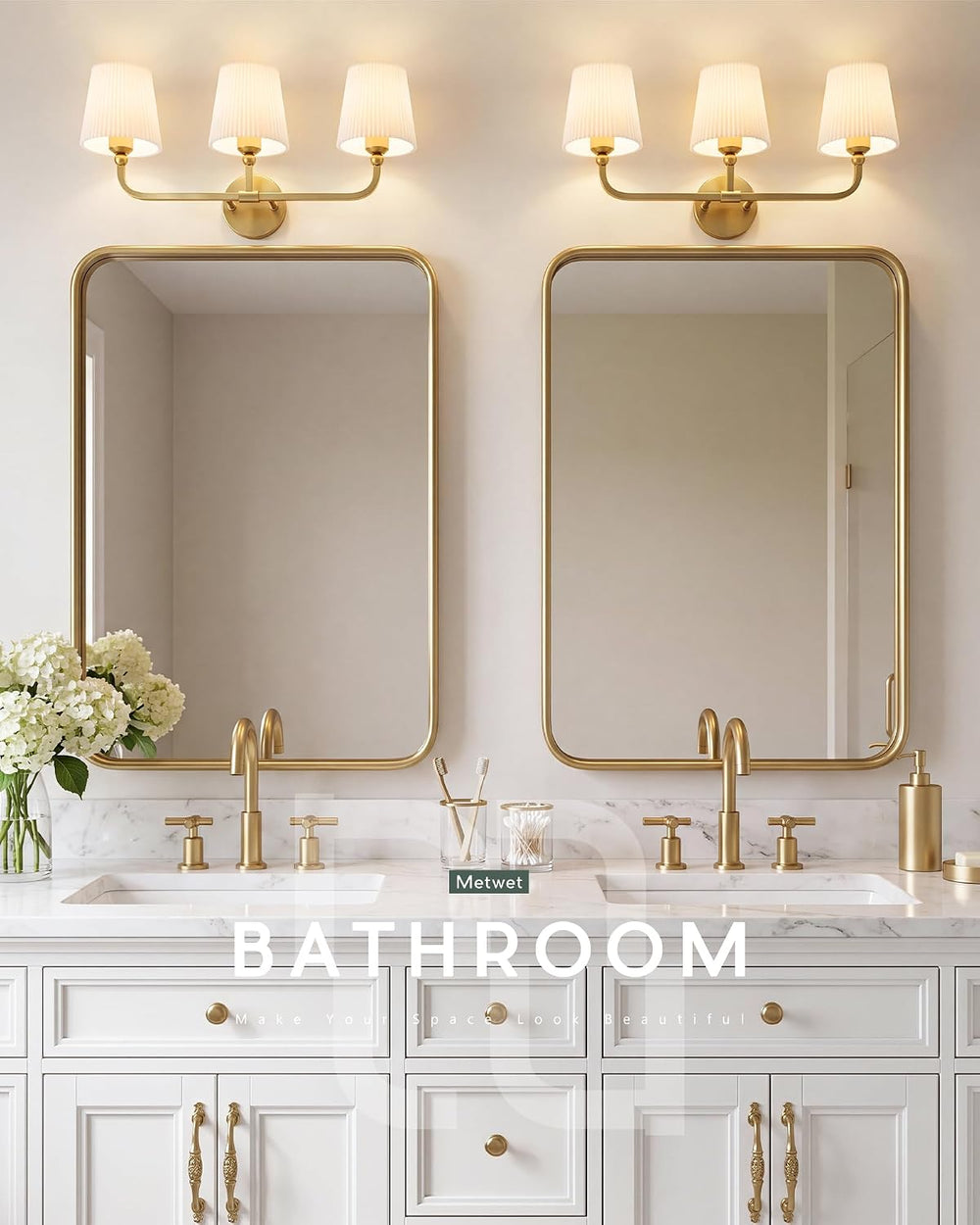 3-Light Brushed Gold Bathroom Vanity Light, Pleated Fabric Shade