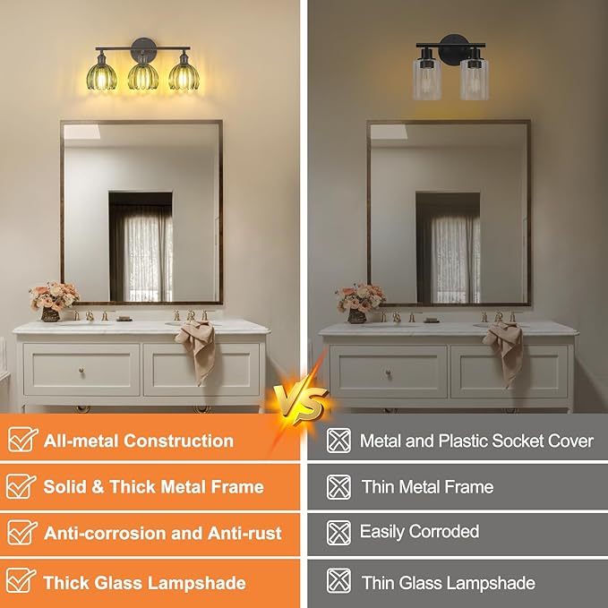 Shenmoyl Bathroom Light Fixtures, 3-Light Black Vanity Wall Light Over Mirror