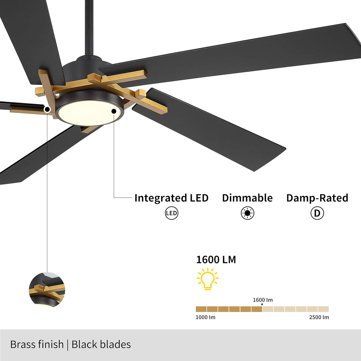WINGBO 64 Inch Ceiling Fan with Light and Remote, 5 Plywood Blades, 6-Speed Reversible DC Motor, Dimmable, 3CCT, Modern Ceiling Fan for Bedroom Living Room Kitchen, Gold and Black
