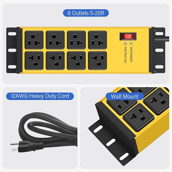 CCCEI Yellow Heavy Duty Power Strip Surge Protector 20 AMP, 8 Outlets 12 Gauge