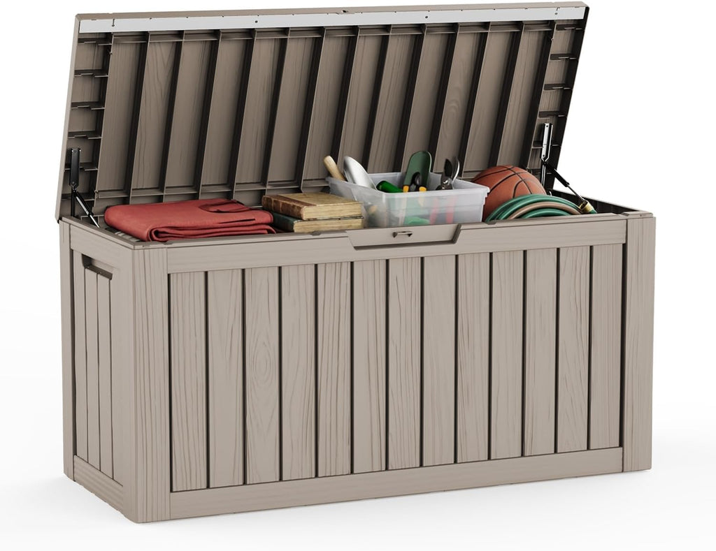 80 Gallon Deck Box, Waterproof Resin Outdoor Storage Box Lockable for Patio Furniture, Fade Resistant Patio Side Table & Organizer for Garden Tools, Pool Floats, Outdoor Cushions, Light Coffee