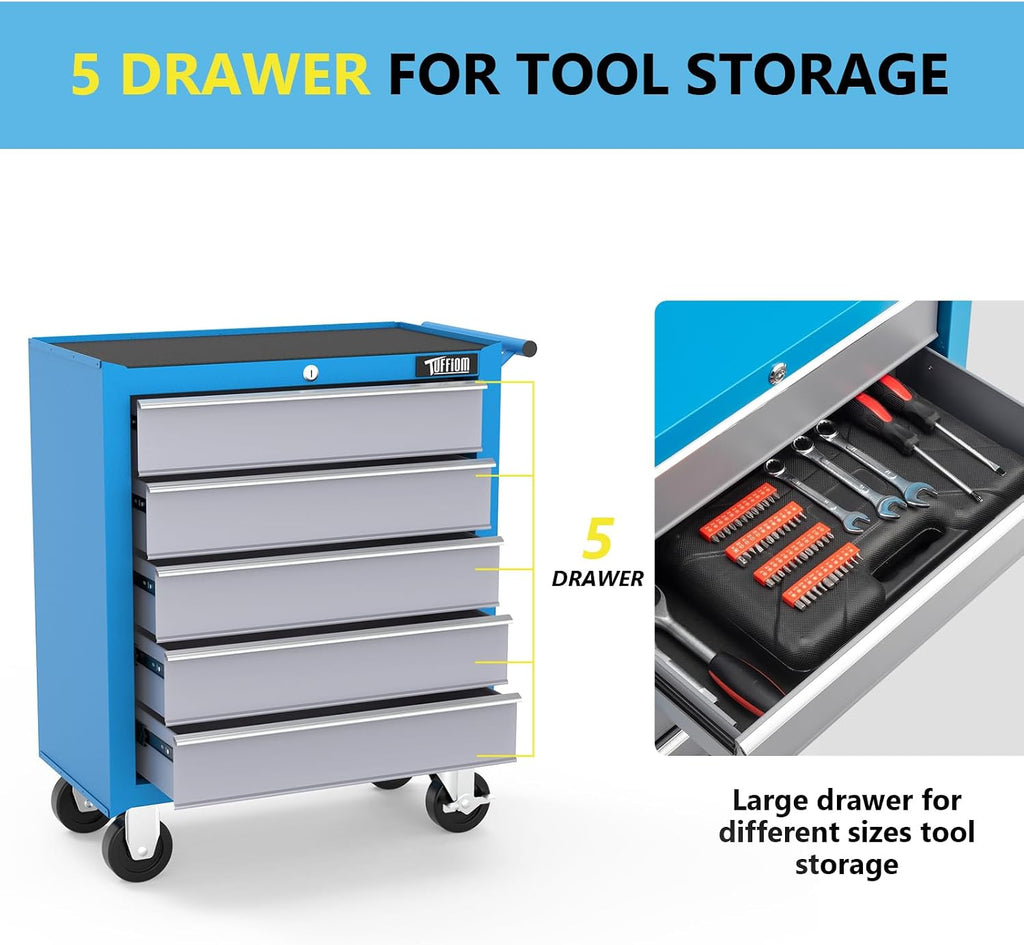 tuffiom 5-drawer rolling tool chest w/drawers & lock, close-up detail