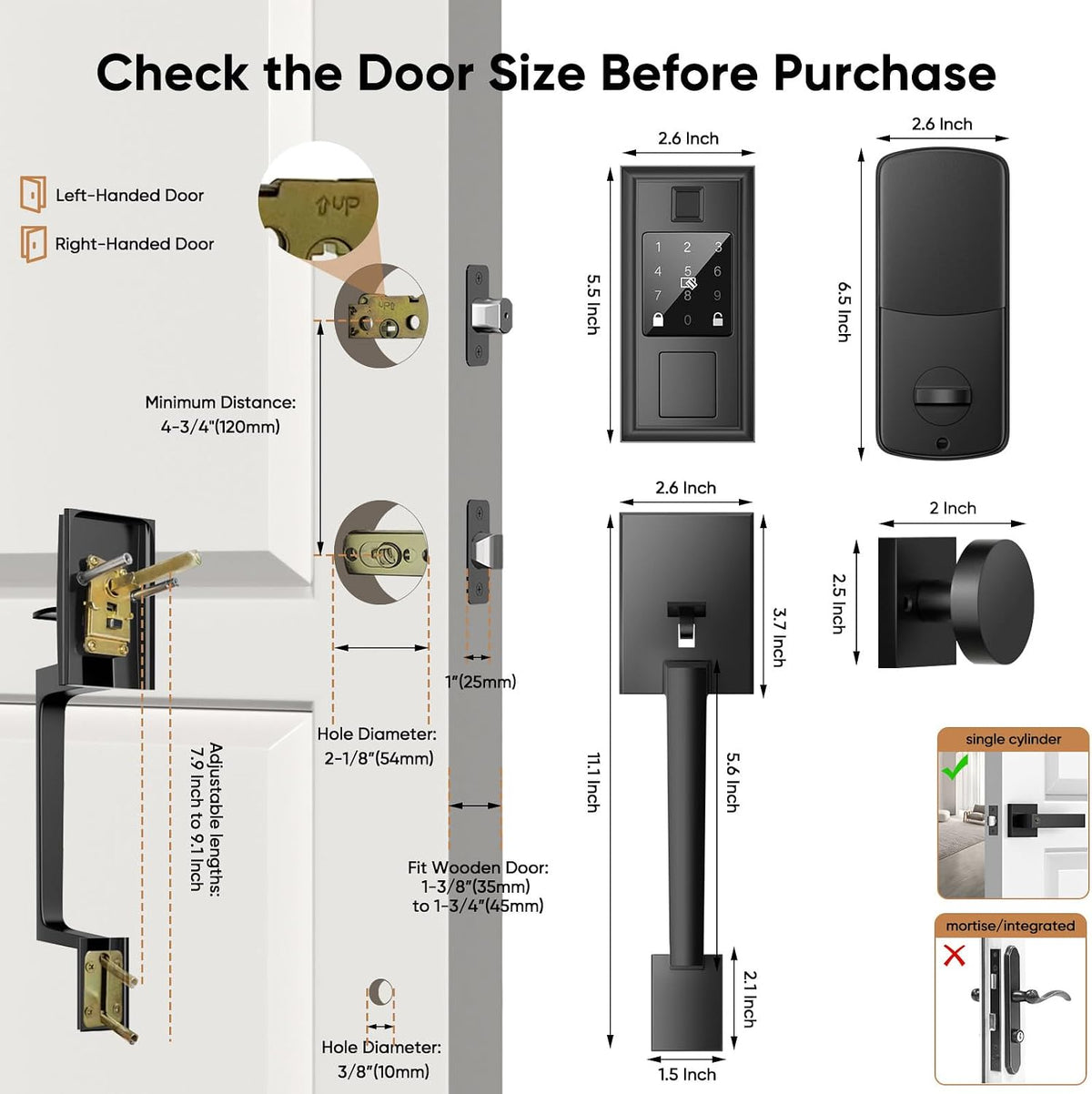 keyless entry door lock with handle knob set showing dimensions