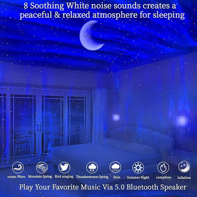 Aurora Northern Lights Projector: 60+ Light Effects White Noise Stars Sky Moon