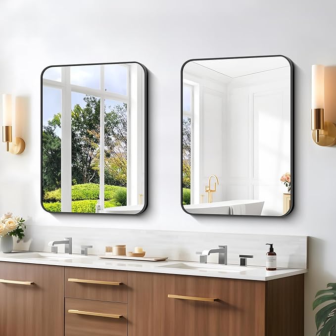 Bathroom Mirror, 18 x 24 inch Metal Framed Black Rectangle Mirror, Rounded