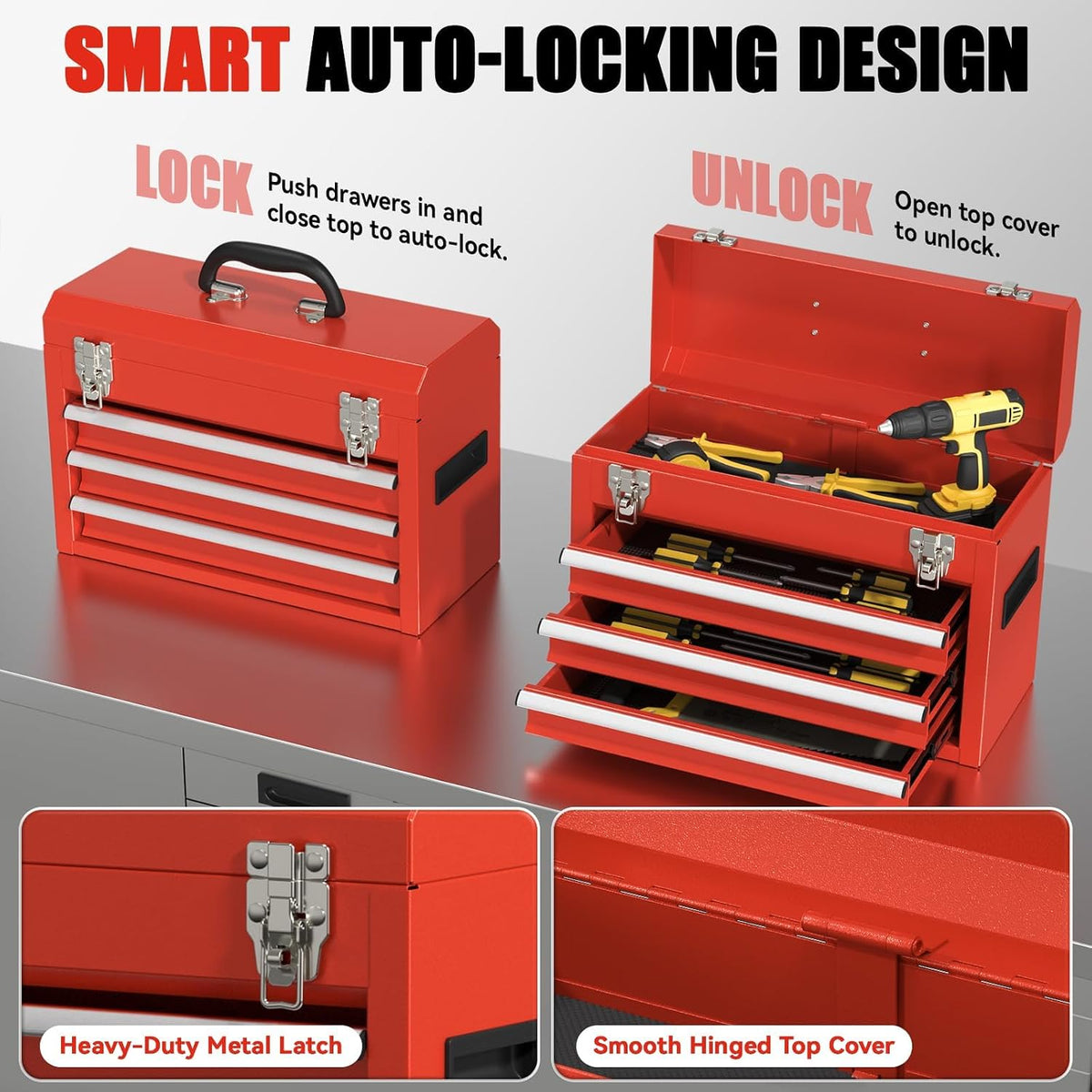 3-drawer small tool box, tool chest with evc, close-up detail