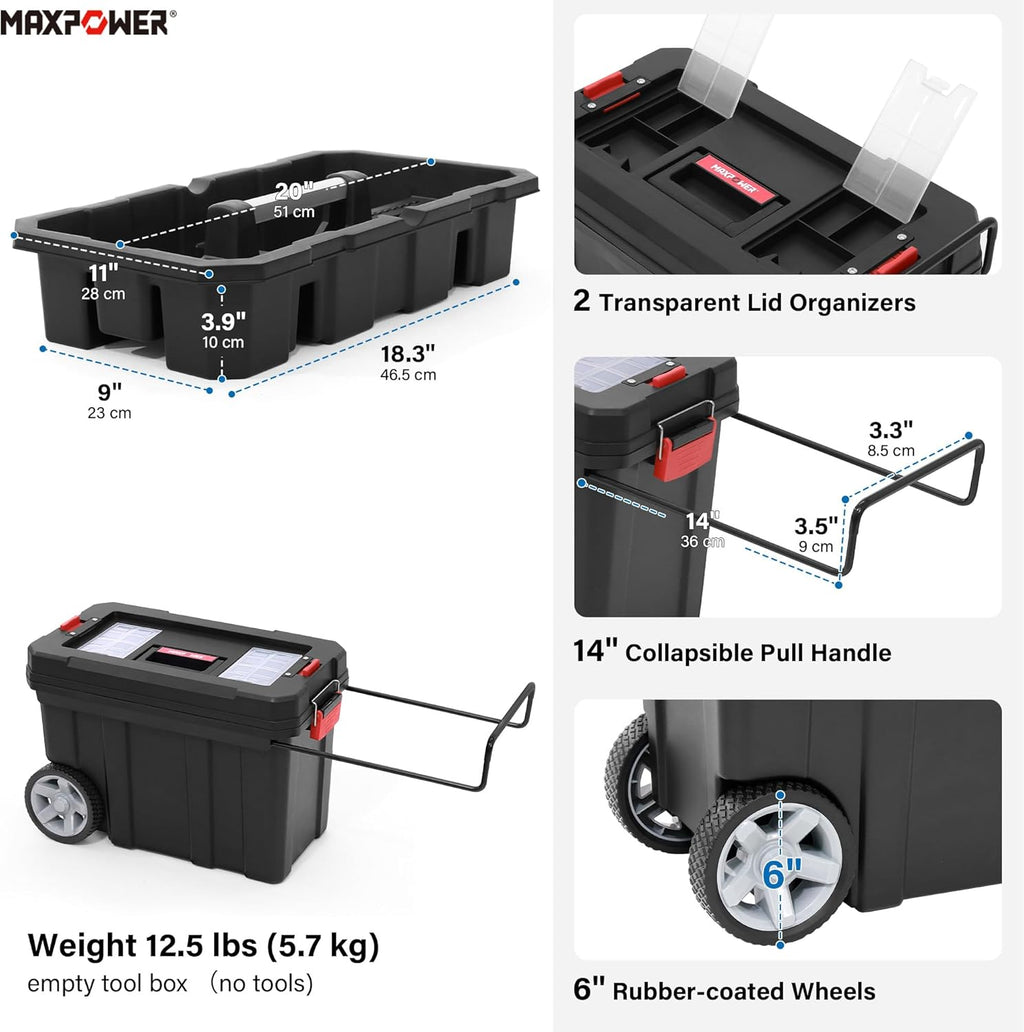maxpower rolling tool box with wheel, lockable deep, close-up detail