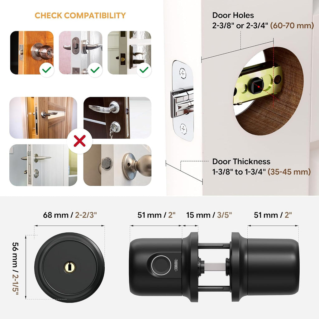 thorbolt g1 fingerprint door knob lock with keypad showing dimensions