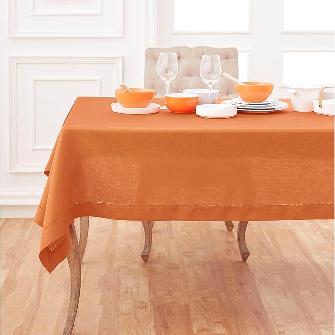 Solino Home Linen Square Tablecloth 52 x 52 Inch - 100% Pure Linen Pumpkin Table Throw - Classic Hemstitch, Machine Washable Table Cloth for Fall, Autumn, Halloween, Thanksgiving, Holiday