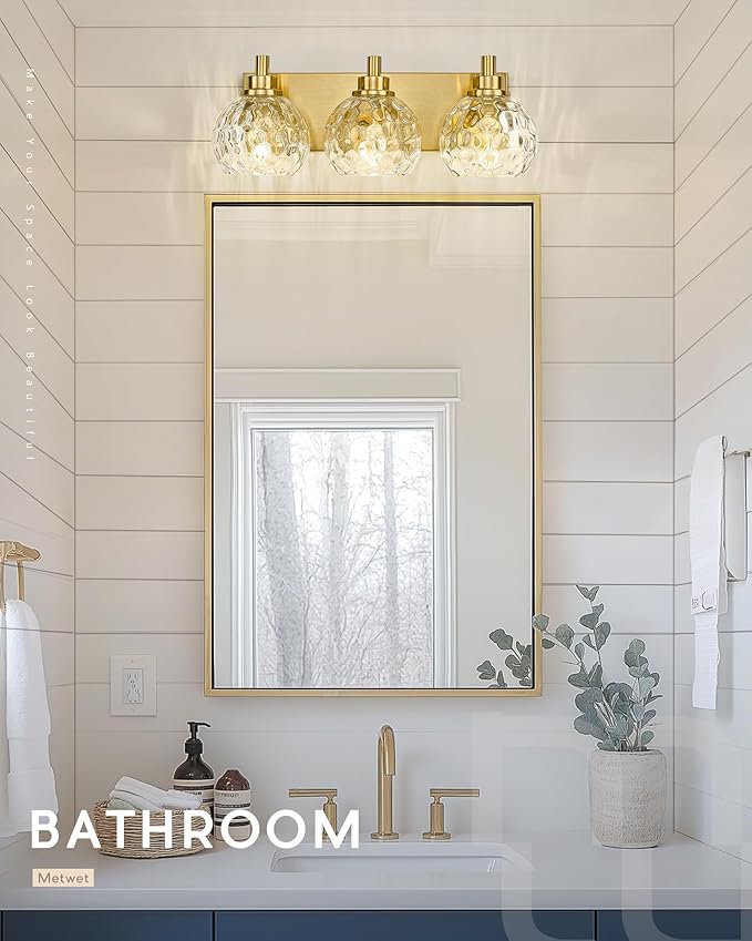 METWET Bathroom Light Fixtures Over Mirror, 3-Light Brushed Gold Vanity Light
