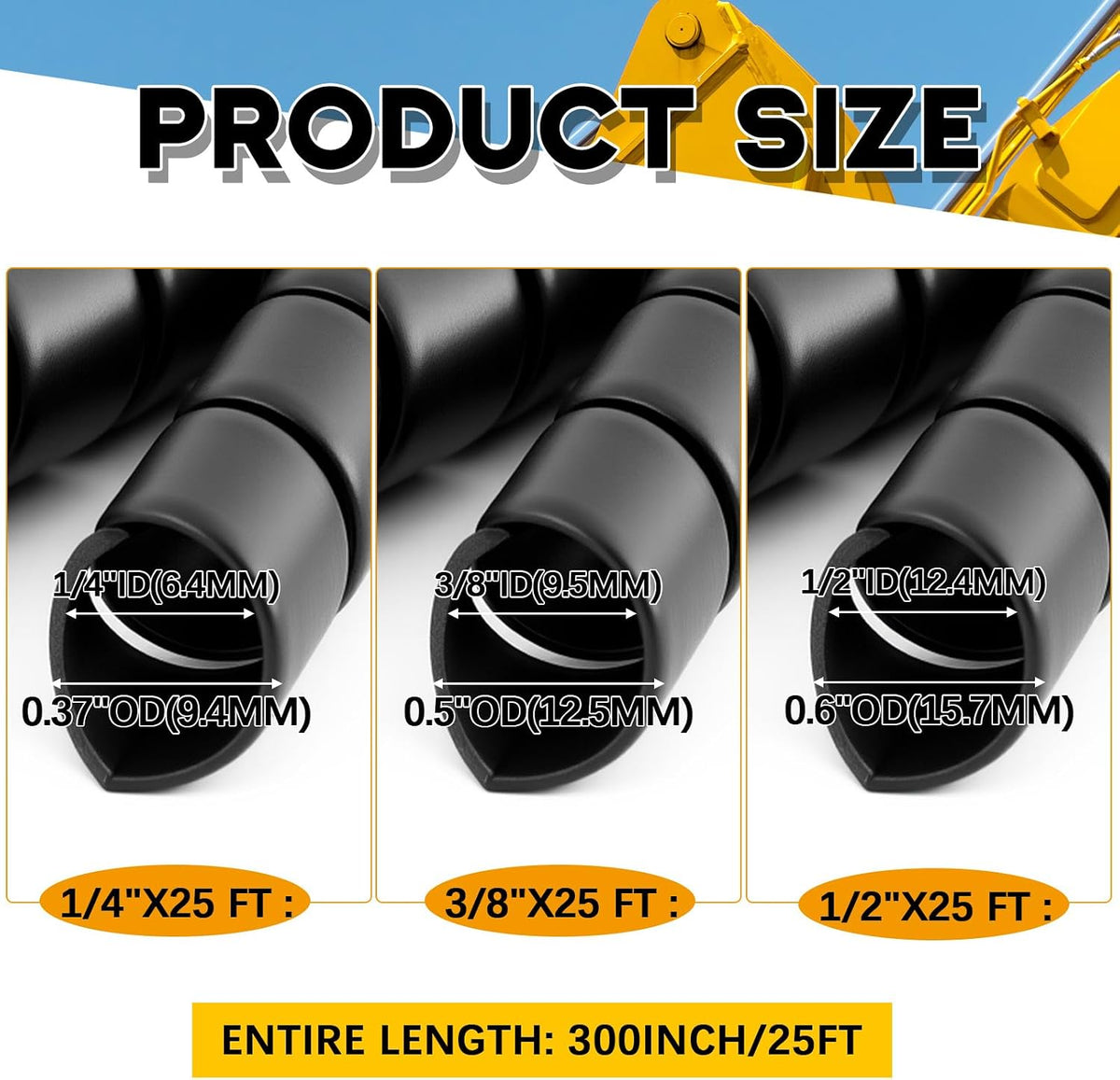 3 Pcs Spiral Wrap Cable Protector, Safe 1/4''+1/2''+3/8'' Od x 25' Pre Cut Lengths Hydraulic Hose Protector Wrap to Avoid Wear and Extend Life for Hydraulic Pneumatic Hoses(Black)