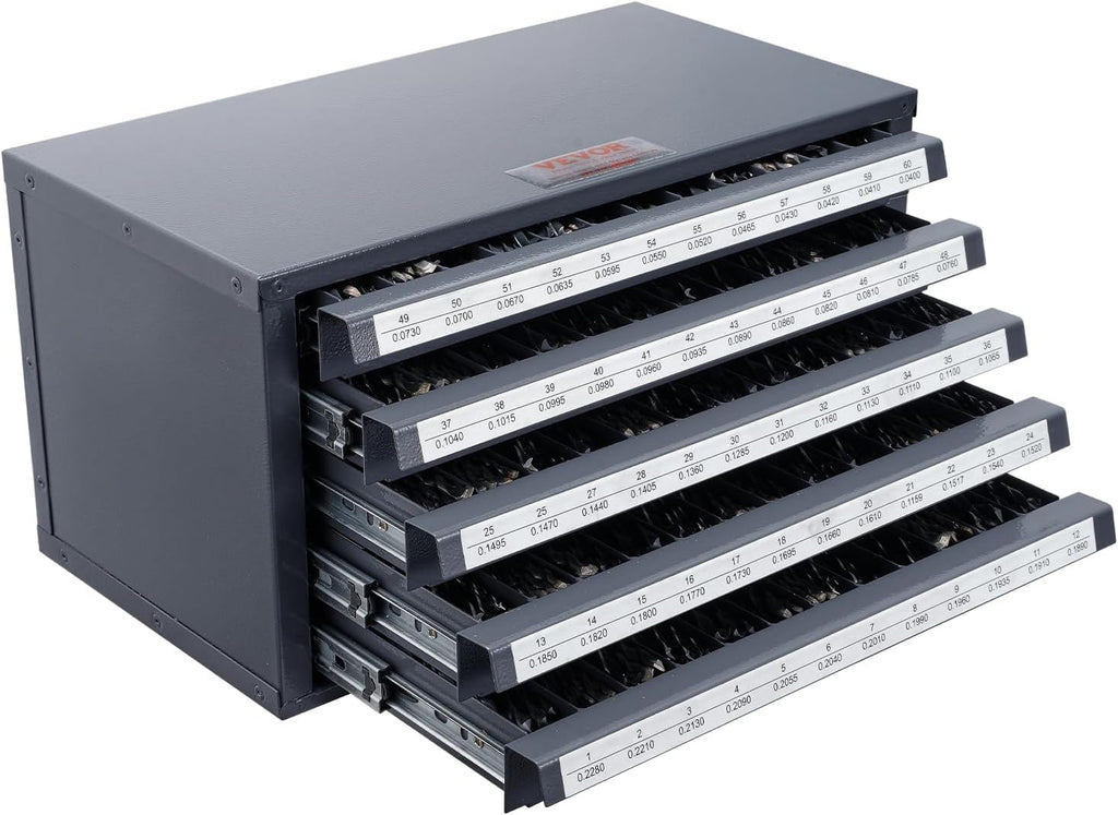 VEVOR Drill Bit Dispenser Cabinet, Five-Drawer Drill Bit Dispenser, 60-Compartment Drill Bit Organizer Cabinet, Drill Dispenser Organizer Cabinet Holder for Jobber Length Wire Gauge Sizes 1 to 60
