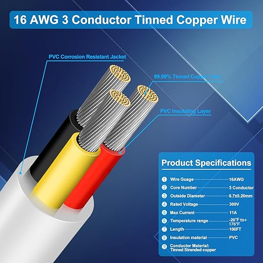 16 Gauge 3 Conductor Electrical Wire, 100FT Low Voltage 16/3 Tinned Copper