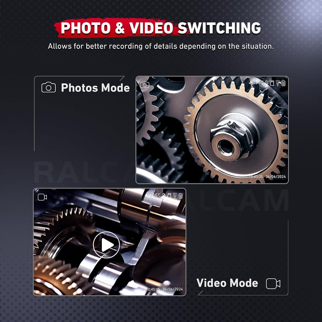 ralcam two-way articulating borescope with light, slim probe, front angle view