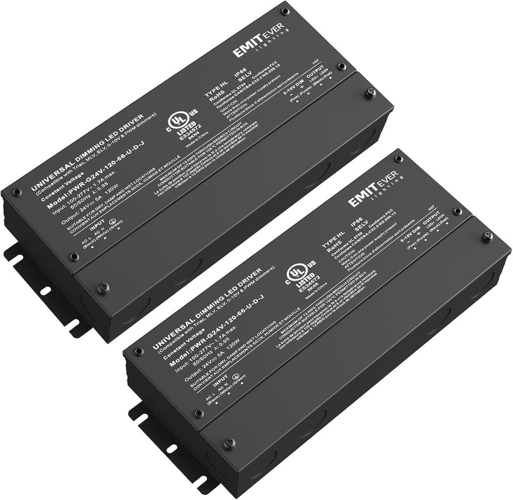 EMITEVER Dimmable Led Driver, 2 Packs 120W AC 110V-277V to DC 24V Transformer