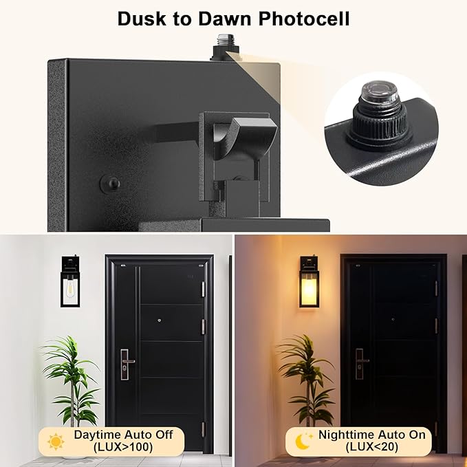 LTBLIGHT 2-Pack Dusk to Dawn Outdoor Wall Lights, Modern Black Sensor Porch