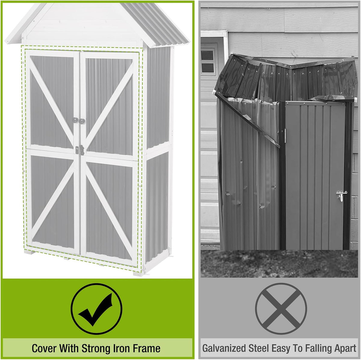 outdoor storage shed cabinet strong iron frame surrounding, close-up detail