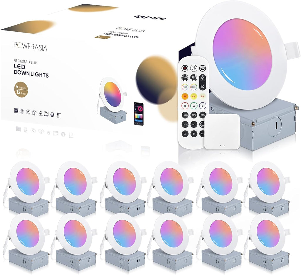 POWERASIA 12 Pack Smart Recessed Lighting 4 Inch, Ultra-Thin LED Recessed