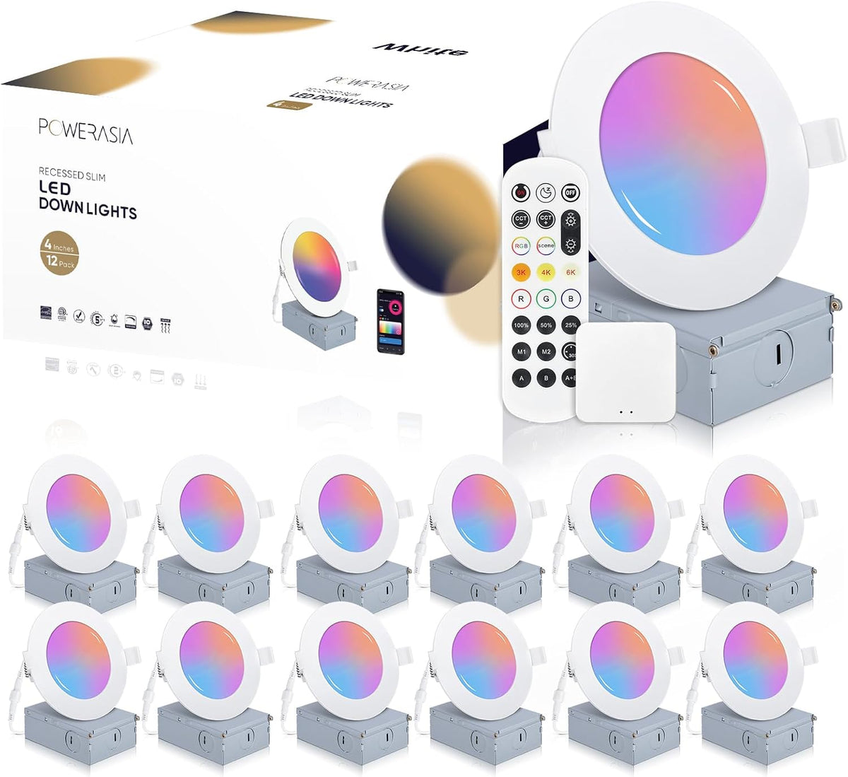 POWERASIA 12 Pack Smart Recessed Lighting 4 Inch, Ultra-Thin LED Recessed