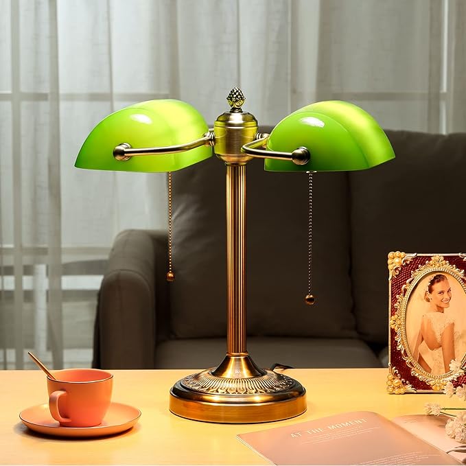 Newrays Green Double Head Glass Bankers Desk Lamp