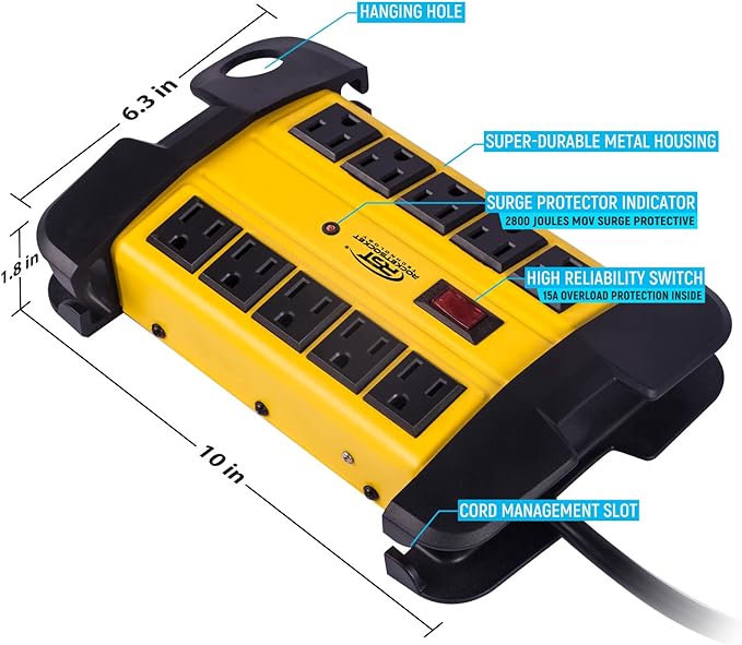CRST 10-Outlets Heavy Duty Power Strip Metal Surge Protector (2PK)
