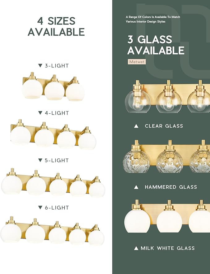 METWET Bathroom Light Fixtures, 5-Light Brushed Gold Bathroom Vanity Lights