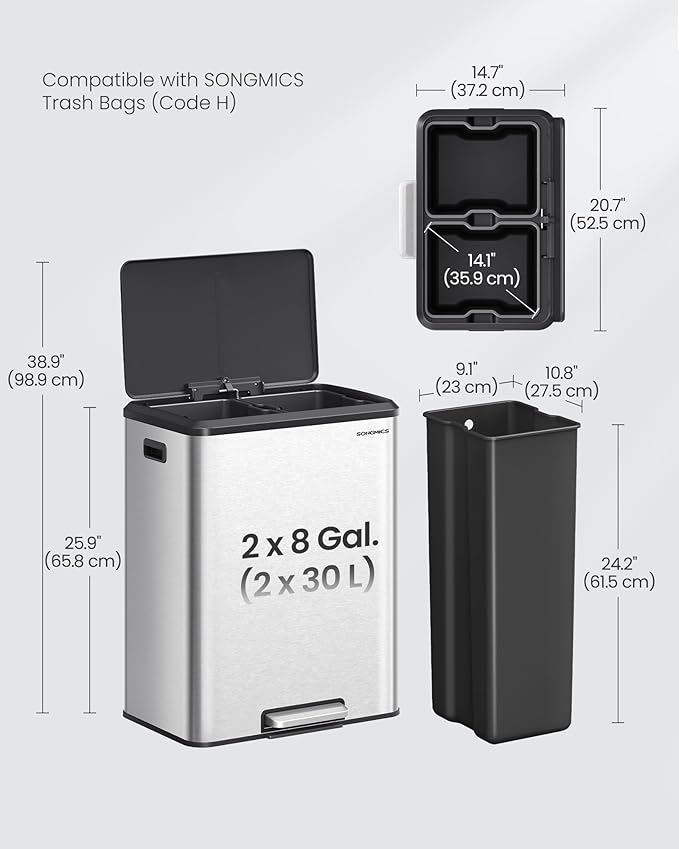 SONGMICS Trash Can, 2 x 8 Gallon Double Garabge Can