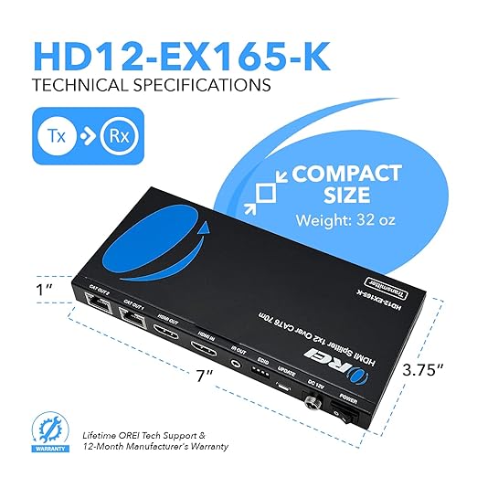 OREI 4K 1x2 HDMI Over ethernet Extender Splitter Over CAT6/7 ethernet Cable