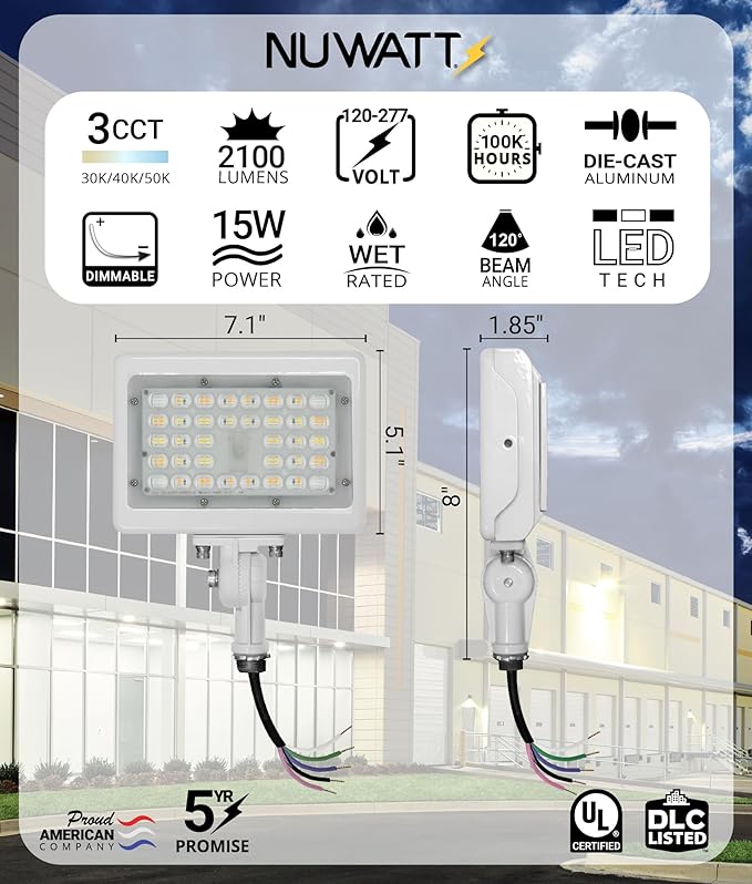 NUWATT 15W LED Flood Light, 3CCT 3000K/4000K/5000K Selectable, IP65 Waterproof