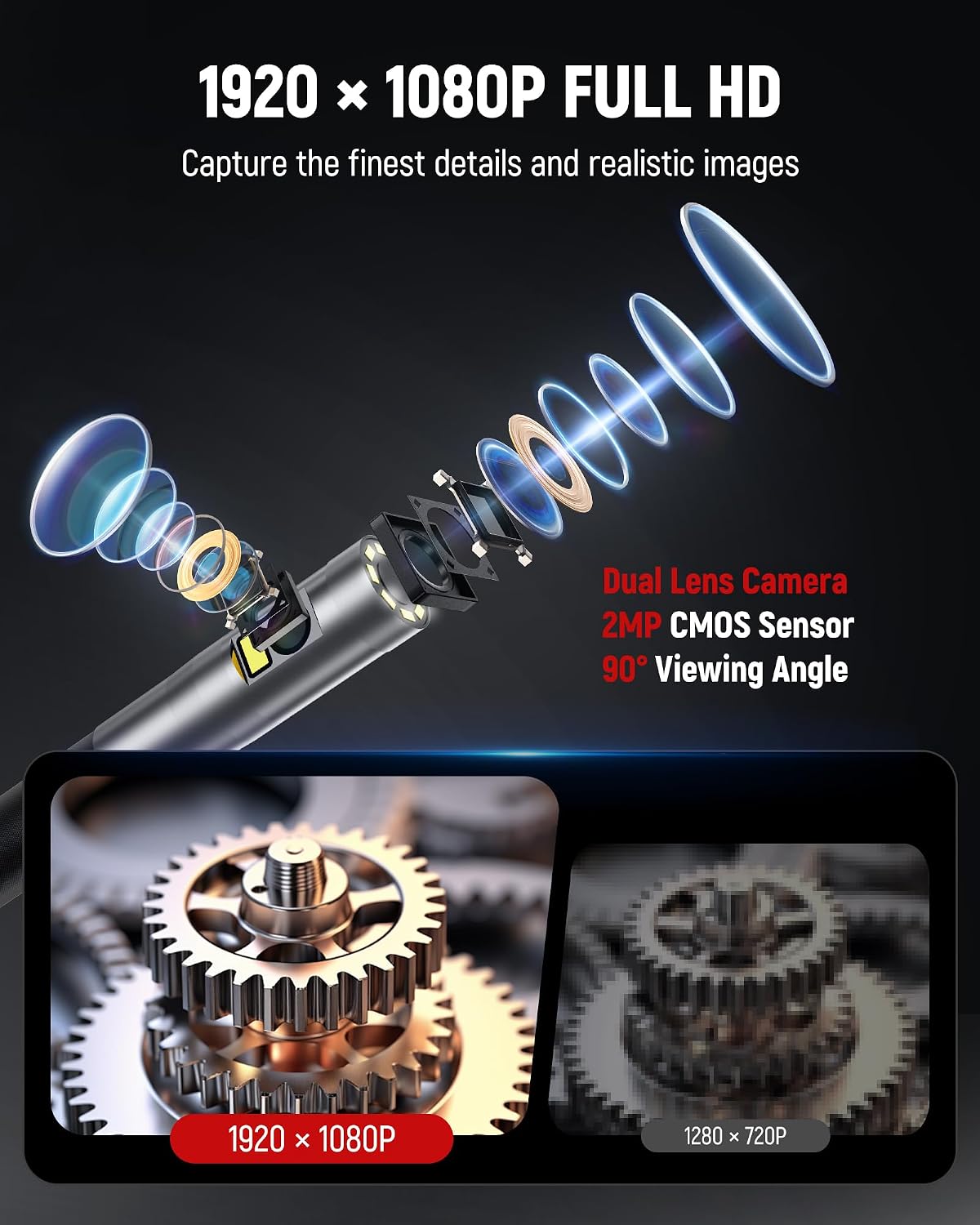 dual lens two-way articulating borescope camera with light, side view
