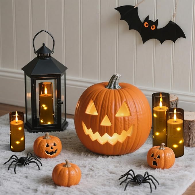 Raycare Flameless Candle with Remote Timer, 7 Flickering Acrylic Battery Operated LED Pillar Candles with Embedded Star String for Halloween, Home Decor, and as a Gift(Grey) (7 Pack)