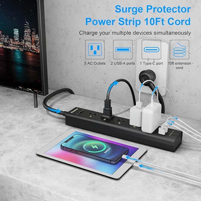 10FT Long Surge Protector Power Strip-with 5 Widely Outlets and 3 USB Ports (2 Pack)