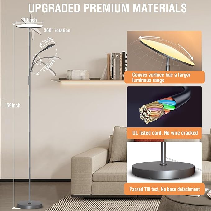 marctronic Gray Floor Lamps for Living Room, 44W/4500LM Super Bright 2 in 1 LED