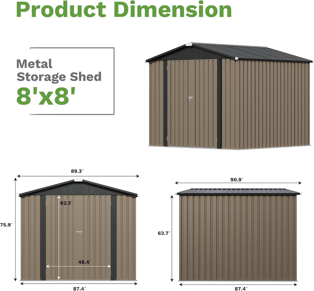 patiowell 8x8 ft storage shed, outdoor metal sheds shown in use