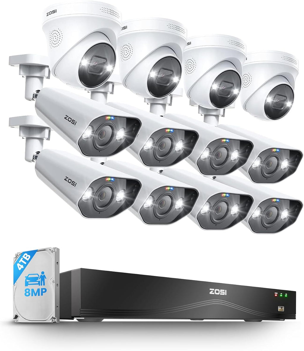 ZOSI 16CH 4K PoE Camera System, 12X 8MP Dome Bullet Cams, 4TB HDD