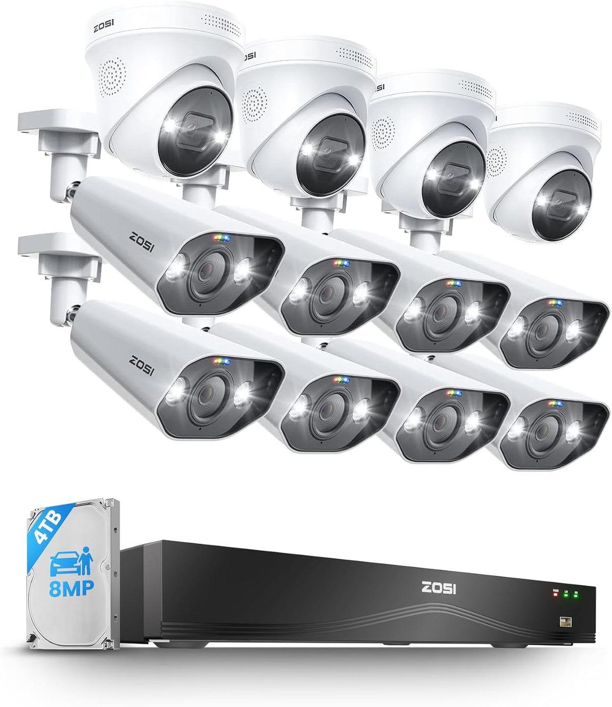 ZOSI 16CH 4K PoE Camera System, 12X 8MP Dome Bullet Cams, 4TB HDD