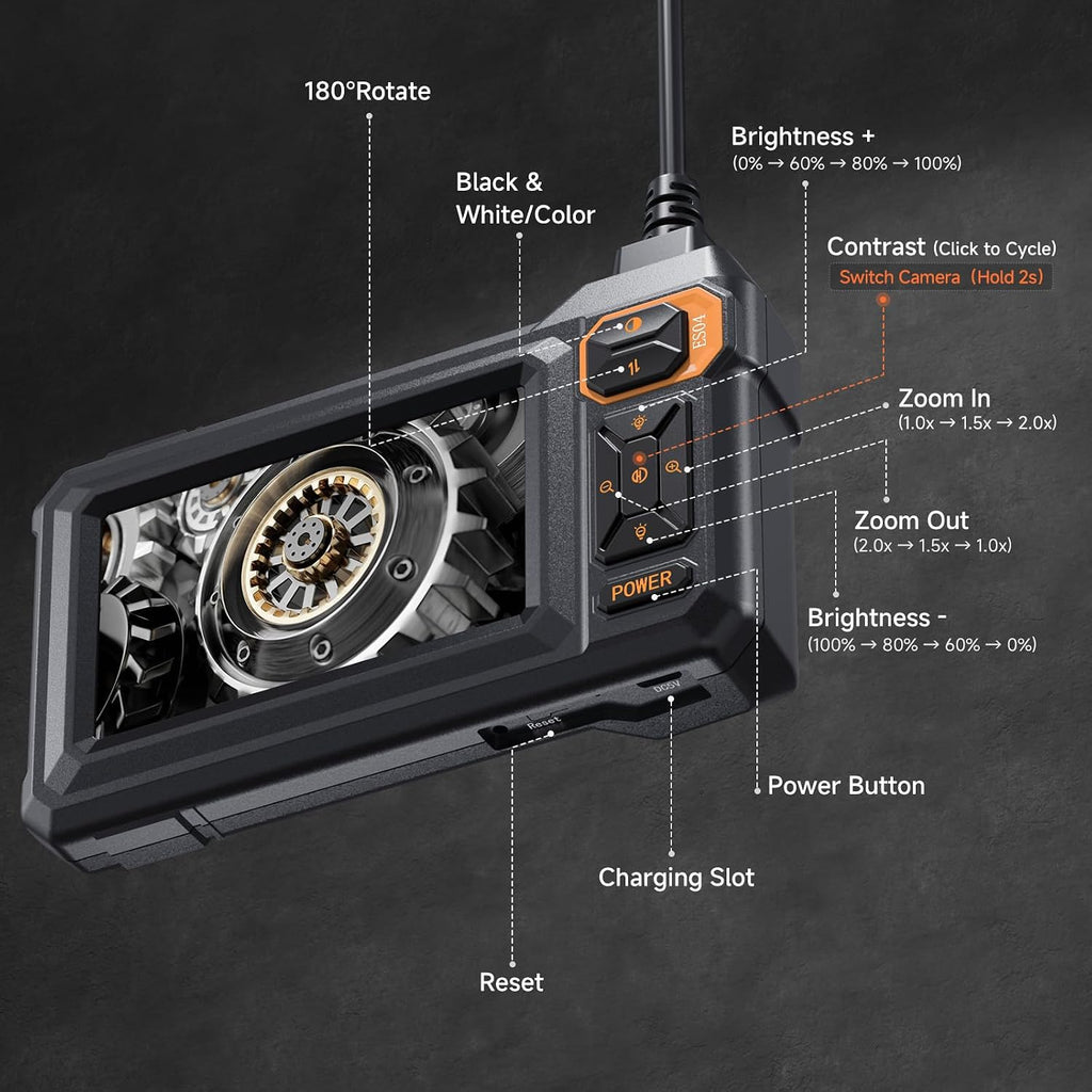 dual lens endoscope camera with light, 4.3" 1080p, front angle view