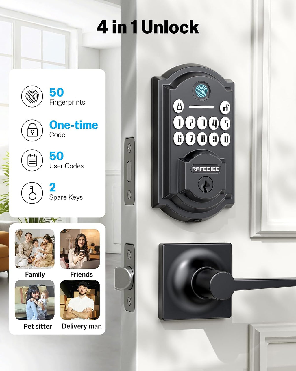 Front Door Lock Set Keyless Entry with 2 Lever Handles, Keyless Entry Door Lock Deadbolt with Handle Set, Fingerprint & Digital Keypad Deadbolt for Front Door, Matte Black