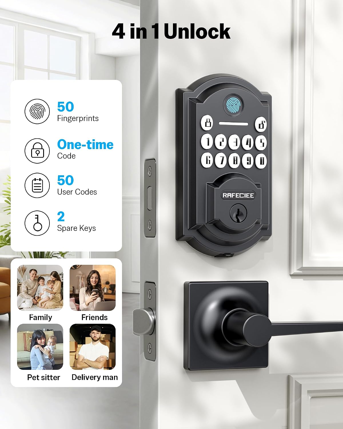 Front Door Lock Set Keyless Entry with 2 Lever Handles, Keyless Entry Door Lock Deadbolt with Handle Set, Fingerprint & Digital Keypad Deadbolt for Front Door, Matte Black
