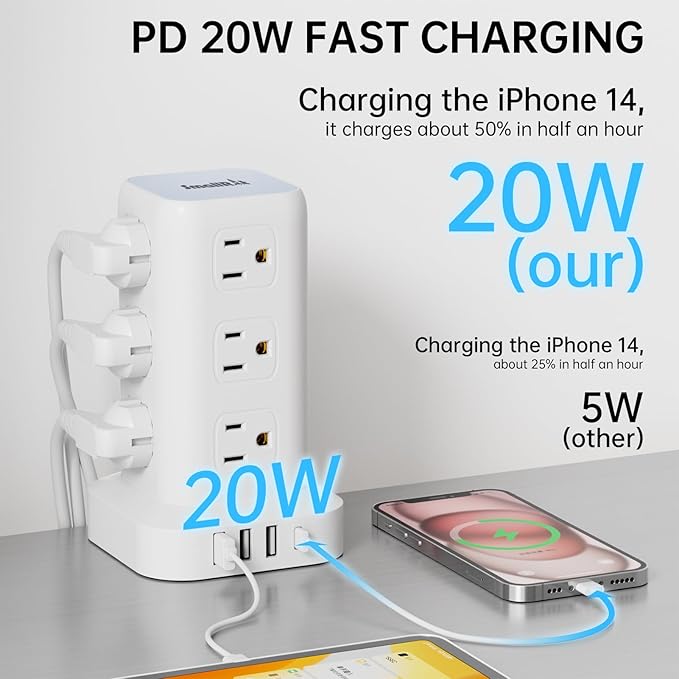 PD20W Power Strip Tower Surge Protector Power Strip