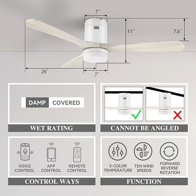 SMAAIR 52 Inch Flush Mount Smart Ceiling Fan