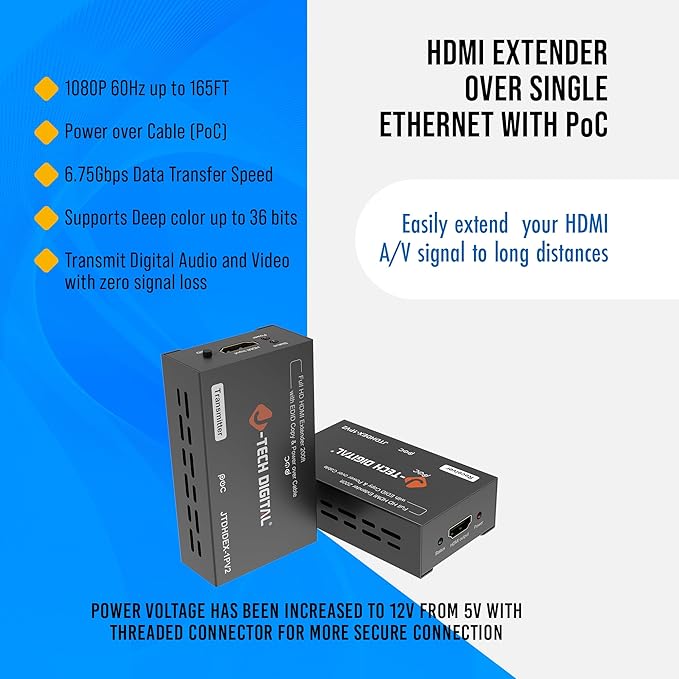 J-Tech Digital HDMI Extender 1080P 60Hz Over Single CAT 5e/6/7 PoC up to 165ft