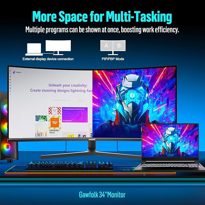 Gawfolk 34 Inch Ultrawide Curved Gaming Monitor, 1500R PC Screen UWQHD 3440x1440
