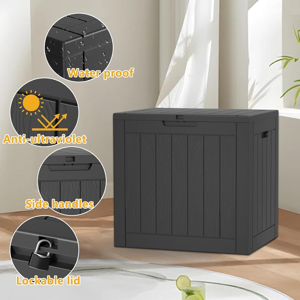 33 gallon outdoor deck box, lockable waterproof outdoor showing dimensions