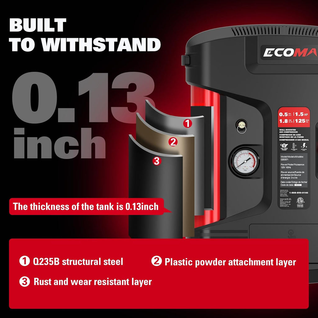 ECOMAX Wall Mount Air Compressor, Tire Inflator Portable Air Compressor, Oil-Free with Retractable 30ft Air Hose, Mini Tank 125 PSI MAX Pressure & 1.5 HP for Garage and Home