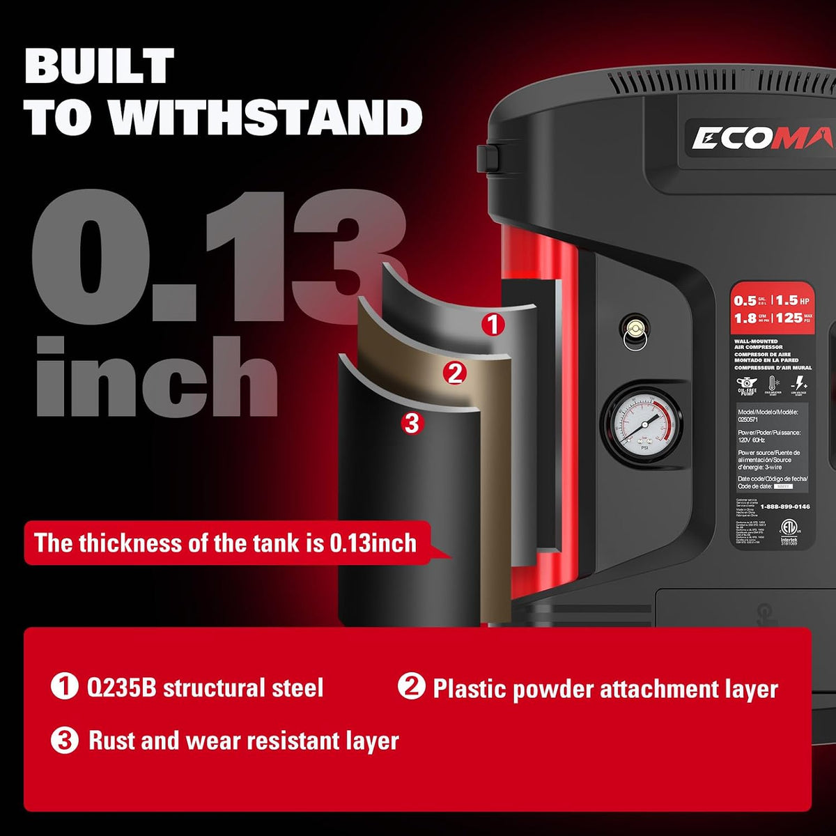 ECOMAX Wall Mount Air Compressor, Tire Inflator Portable Air Compressor, Oil-Free with Retractable 30ft Air Hose, Mini Tank 125 PSI MAX Pressure & 1.5 HP for Garage and Home