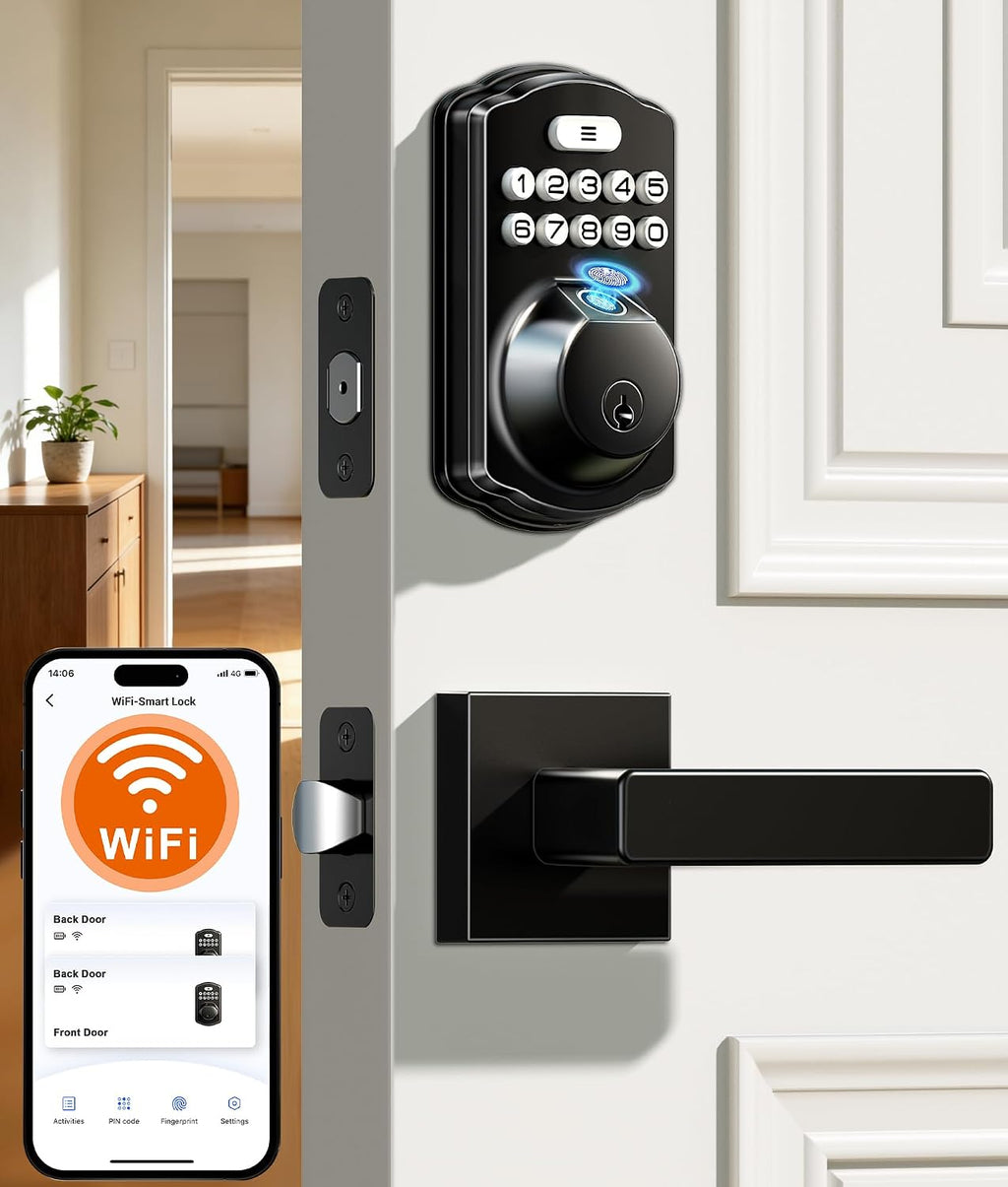 Veise VE012W-L WiFi Fingerprint Deadbolt Lock with Handle Set, Matte Black