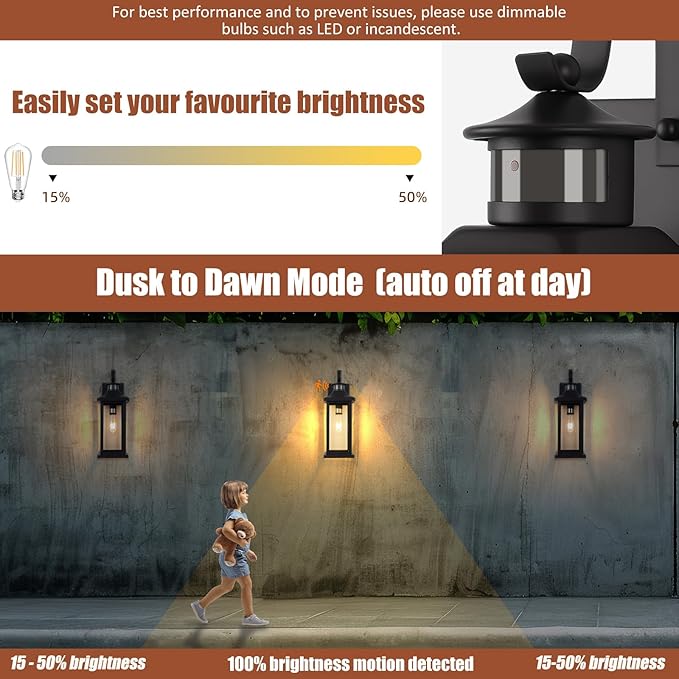 Roravilila 18 Inch Motion Sensor Outdoor Lights 2-Pack, Large Black Dusk to