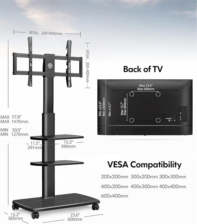 FITUEYES Swivel Rolling TV Stand, Height Adjustable Mobile TV Cart