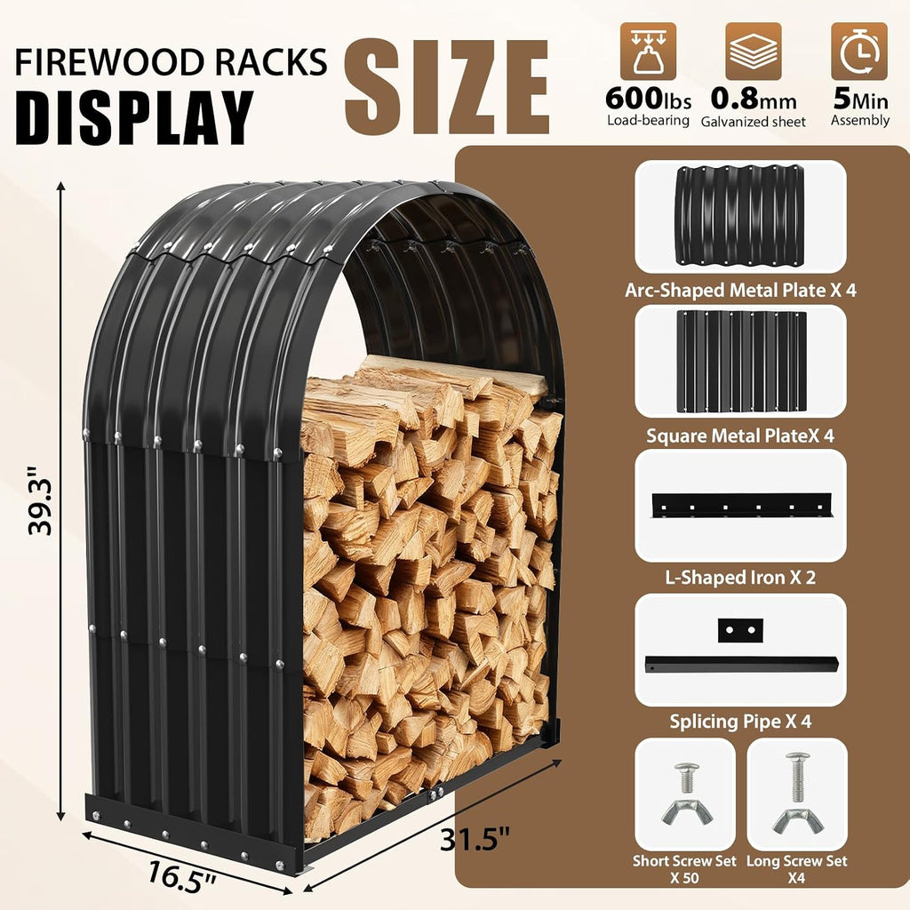 tbmlc heavy-duty black firewood storage shed with round shown in use